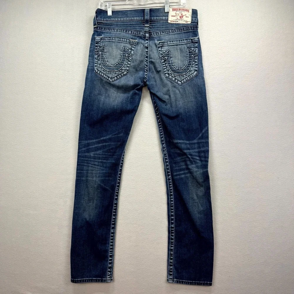 True Religion Jeans Mens 32x34 Blue Denim Pants Distressed Faded Slim Midnight